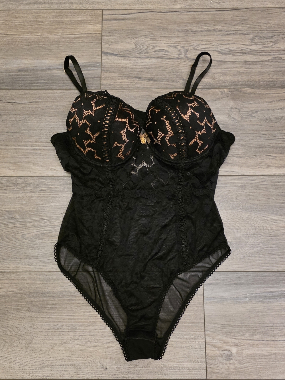 Daisy Fuentes Lingerie Intimates Black & Nude Lace Bodysuit